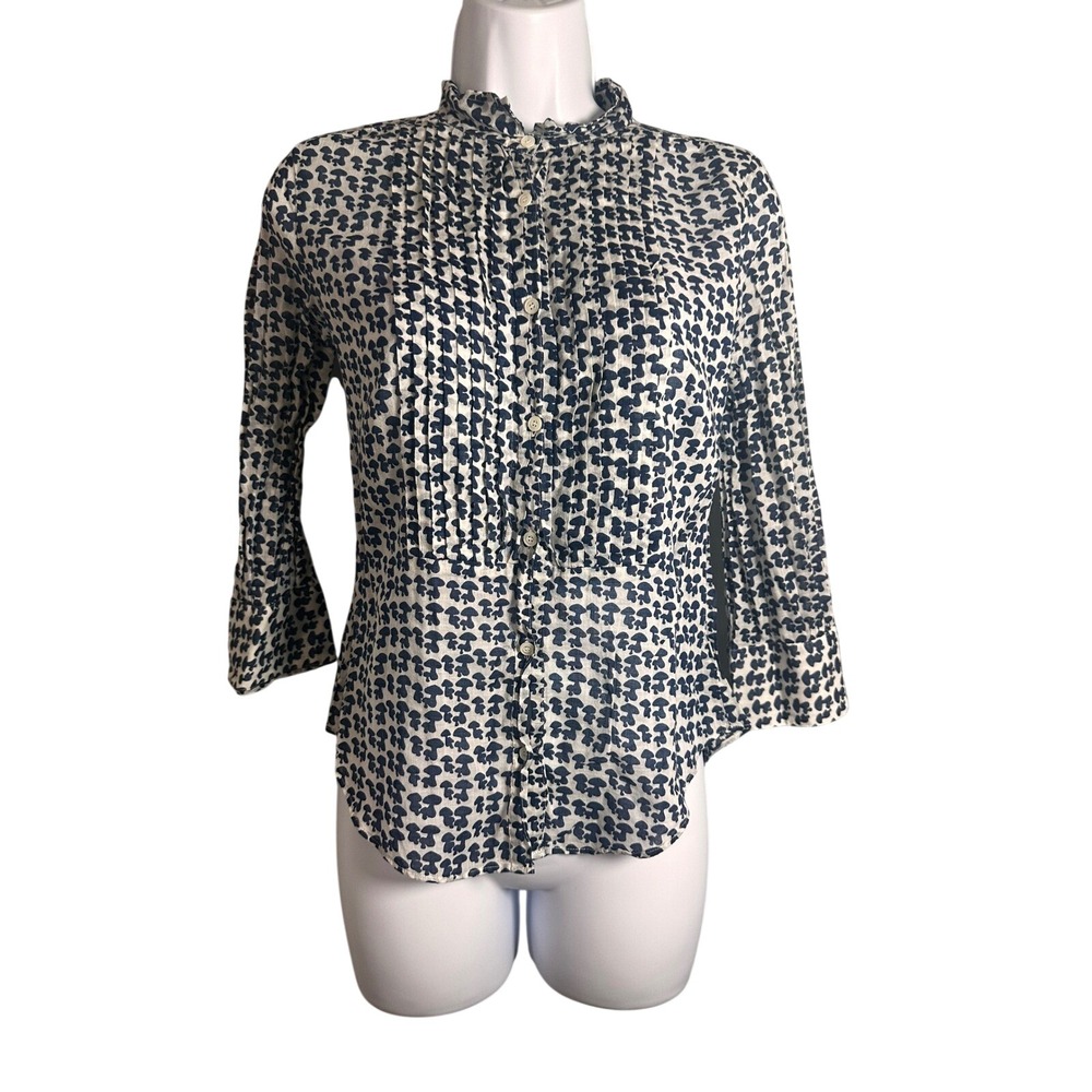 J.Crew Mushroom Print Pintuck Pleated Button Front Blouse Navy White Y2K 82254